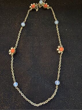 Long Loft Gold Chain Necklace with Coral and Opal Beads